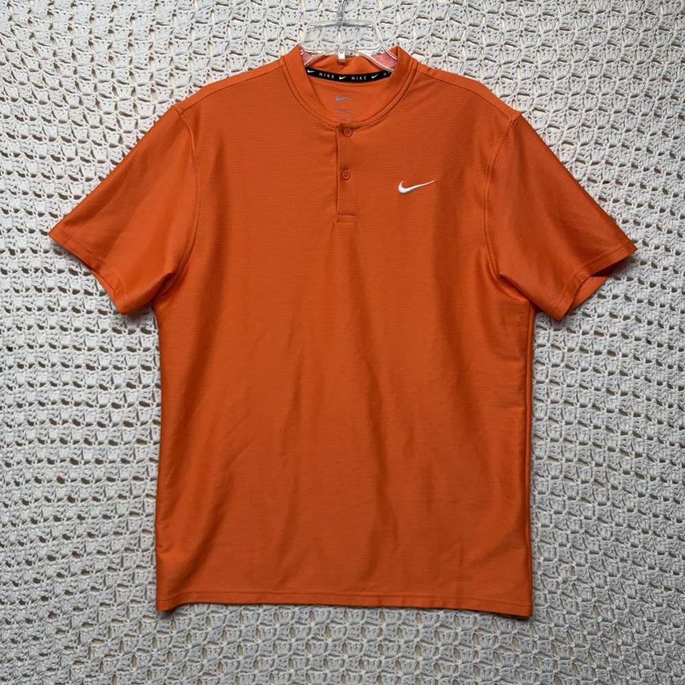Nike Dri-FIT Polo Shirt Henley Mens L Orange Blade Collar Golf Performance Tops